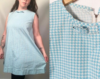 Vintage 60s Mod Plus Size Bright Turquoise Blue Cotton Houndstooth Mini Dress With Bow Detail Size XL