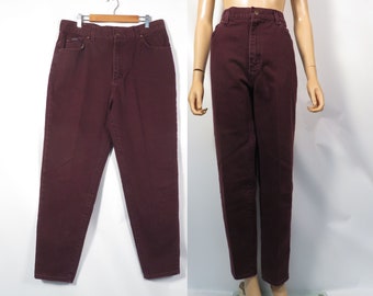 Vintage 90s High Waist Maroon Burgundy Wine Color Tapered Leg Mom Jeans Made In USA Size 16 34 x 30