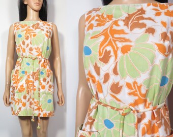 Vintage 60s Floral Cotton Mini Dress With Pockets Size S/M