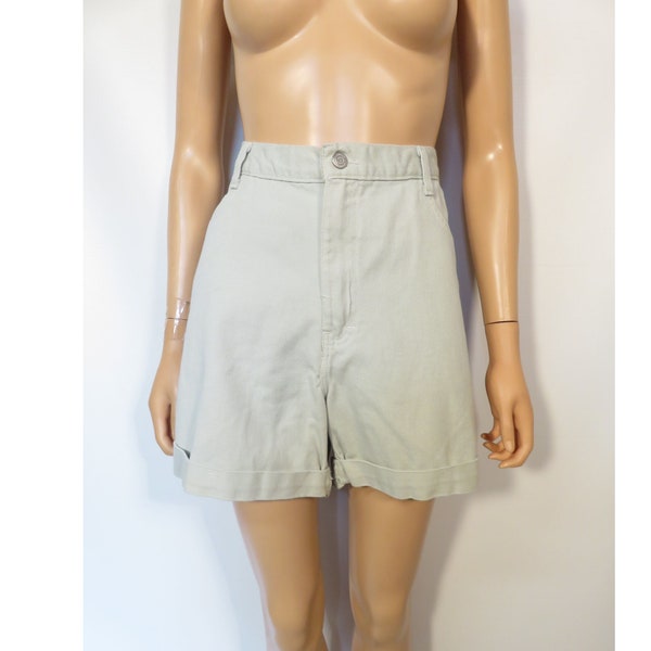 Vintage 90s Deadstock Muted Khaki Rolled Hem High Waist Denim Shorts Size 12 30 Waist