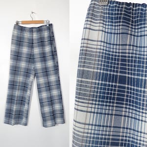 Vintage 70s Plaid Polyester Elastic Waist Comfy Pants Union Label Size M/L