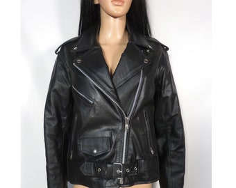 May include: Black leather motorcycle jacket with a zipper closure, a belt at the waist, and multiple pockets.