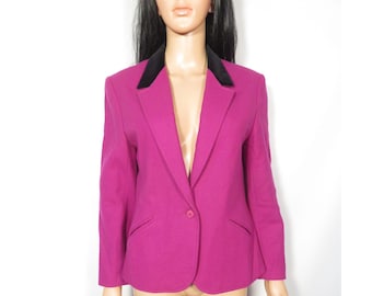 Vintage 90s Bright Magenta Wool Blazer With Velvet Collar Size S/M