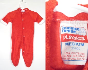 Vintage 80s Baby Playskool Tommee Tippee Bright Red Terry Cloth Onesie Size 0-3M