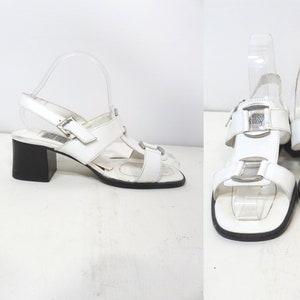 Vintage 90s Does 60s Mod White Leather Block Heel Sandals Size 6.5 image 1