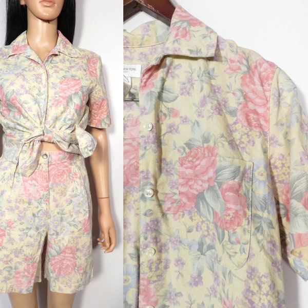 Vintage 90s Linen Cotton Blend Floral Spring Garden Print 2 Piece Short Set Size 29 Waist