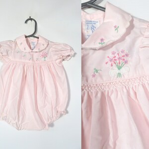 Vintage 80s/90s Kids Pastel Pink Embroidered Spring Flower Onesie Size 3-6M image 1