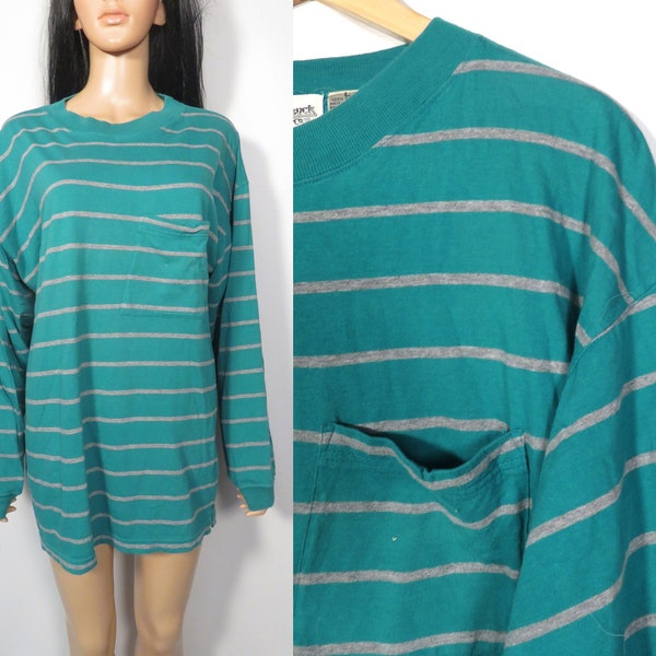 Vintage Teal Striped Long Sleeve All Cotton Pocket Tee Size L