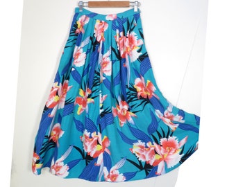 Vintage 90s Hawaiian Pleated High Waist Rayon Midi Skirt Size XS