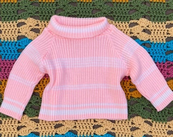 Vintage 70er Jahre Kinder Pastell Rosa Gestreift Gerippt RollkragenPullover Größe 18M