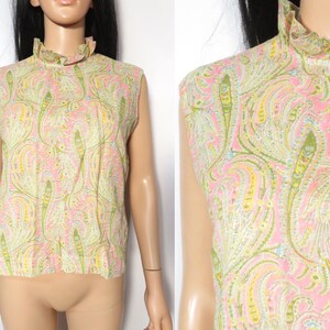 Vintage 60s Neon Paisley Ruffle Frilly Collar Button Back Lightweight Top Size M/L image 1