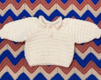 Vintage Baby Hand Knit Ivory Textured Acrylic Knit Sweater Size 9-12M