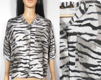 Vintage 90s Gray Tiger Print Rayon Crop Top Blouse Size Up To L