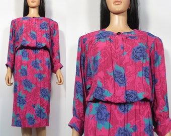 Vintage 80s Rose Print Secretary Dress Size S
