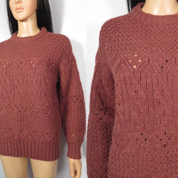 Vintage 70s Earthy Burgundy Tone Cable Knit Sweater Size S Or Junior Large