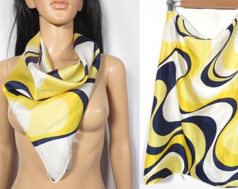 Vintage 60s Op Art Yellow And Navy Blue Square Scarf