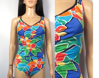 Vintage 70s Rose Marie Reid Ruched Tropical Print One Piece Swimsuit Made In USA Size 14