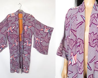 Vintage Silk Paper Crane Print Haori Kimono Jacket Size XS/S