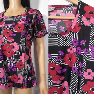 Vintage 60s Flower Power Op Art Poppy Print Nylon Top Size XL image 1