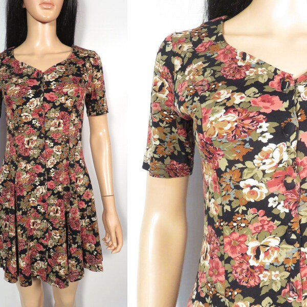 Vintage 90s Grunge Floral Babydoll Button Front Tshirt Material Cotton Mini Dress Made In USA Size S