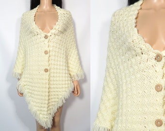Vintage Crochet Grandma Poncho With Wooden Buttons S/M