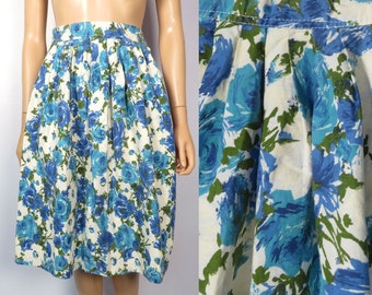 Vintage 50s Blue Rose Print Cotton Skirt Size XXS