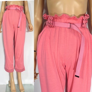 Vintage 80s High Waist Hot Pink Elastic Waist Comfy Belted Loungewear Pants Size M image 1