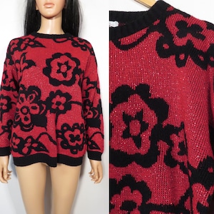 Vintage 80s Red Floral Sparkle Sweater Made In USA Size L image 1