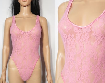 Vintage 80s Stretchy Pastel Pink Lace Lingerie Bodysuit Made In USA Size S