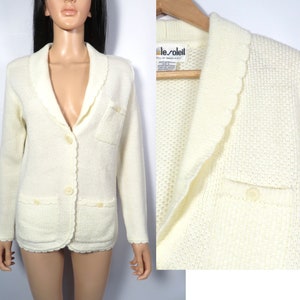 Vintage 70s/80s Shawl Collar Scalloped Edge Ivory Knit Grandma Cardigan Size M/L image 1