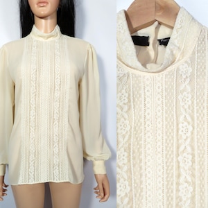 Vintage 70s Designer Pierre Cardin Lightweight Sheer Lace Panel Blouse Size L image 1