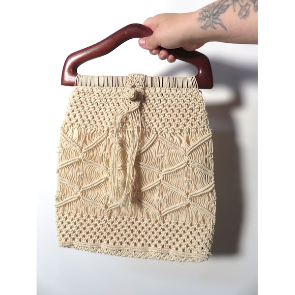 Vintage 70s Macrame Wooden Top Handle Purse