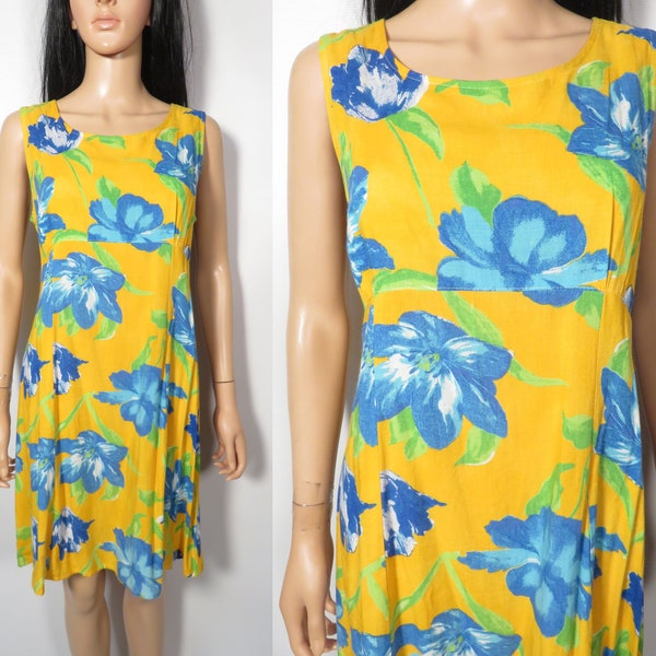 Vintage 90s Bright Floral Comfy Rayon Sundress With Tie Waist Made In USA Size M