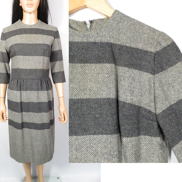 Vintage 50s Gray Striped Wool Day Dress Made In USA Size XS