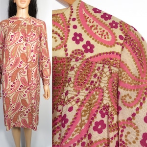 Vintage 60s Psychedelic Paisley Print Burlap Shift Dress Made In USA Size S