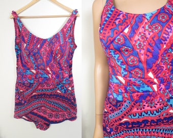 Vintage 60s Plus Size Neon Psychedelic Paisley Scoop Back Bathing Suit Made In USA Size XL 16/38 B-Cup