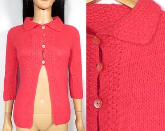 Vintage 60s Mod Bright Neon Hot Pink Half Button Soft Knit Cardigan Size XXS