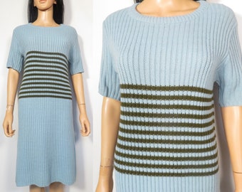 Vintage 60s Mod Ribbed Knit Sweater Dress Blue With Olive Green Stripes Size S/M
