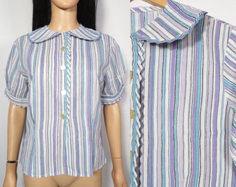 Vintage 60s Plus Size Peter Pan Collar Striped Tailored Blouse Size XL