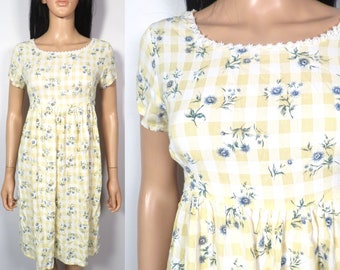 Vintage 90s Gingham Floral Babydoll Dress Size XS Or Youth 16