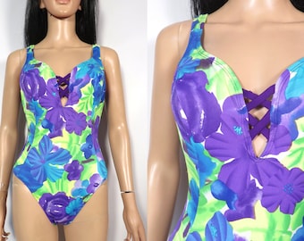 Vintage 90s Lime Green And Purple Flora One Piece Bathing Suit Size S