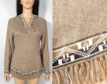 Peru Alpaca Hooded Lace Up Fringe Sweater Size S