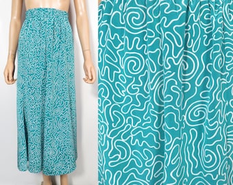 Vintage 80s Teal Squiggle Print Mermaid Cut Maxi Skirt Made In USA Size XS