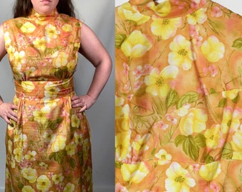 Vintage 70s Hawaiian Print Formal Maxi Dress With Pockets Size L/XL