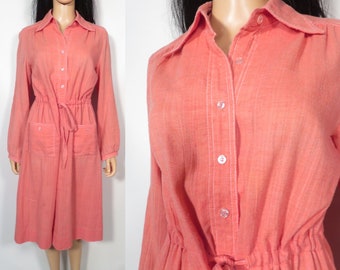 Vintage 70s/80s Coral Gauzy Cotton Lightweight Drawstring Waist Shirtdress Made In USA Size L