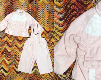 Vintage 50er/60er Jahre Baby Pastell Rosa Cord Fensterscheibe Karo Schnalle Schnalle Winter Set Gr.18M