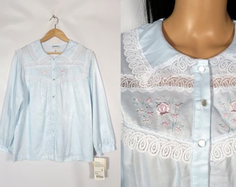 Vintage 80s Plus Size Deadstock Satin Ice Blue Lacey Lolita Pajama Top With Rose Embroidery And Pearl Buttons Size 36 XL