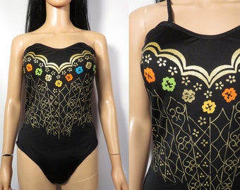 Vintage 90s Black And Gold Removable Strap One Piece Bathing Suit Size 14