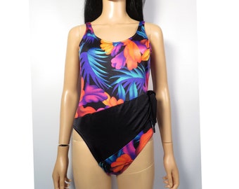 Vintage 80s Tropical One Piece Swimsuit Made In USA Size 14