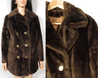 Vintage 60s/70s Mod Sears Brown Faux Fur Double Breasted Gold Button Jacket Size M